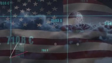 Bayrak ve kürede açılış, yükselen ve değişen çubuklar, para birimi sıcaklığı eğilimlerini gösteren veri satırları. Teknoloji, analitik, finans, yenilik, dijital, soyut, fütürist