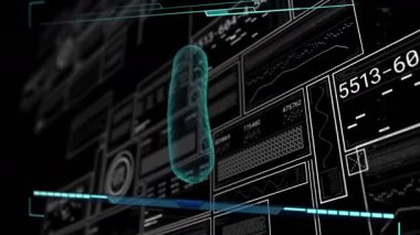 Kapsül hologramı HUD 'deki panelleri ve ilerleme çubuğunu göstererek merkezde döner ve sürüklenir. Fütürist, dijital, arayüz, teknoloji, yenilik, veri görselleştirme, soyut