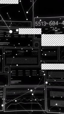 Veri işleme ve siyah arkaplandaki bağlantılar üzerindeki etkileşimin canlandırılması. Küresel teknoloji, veri işleme, hesaplama ve dijital arayüz kavramı dijital olarak oluşturulmuş video.