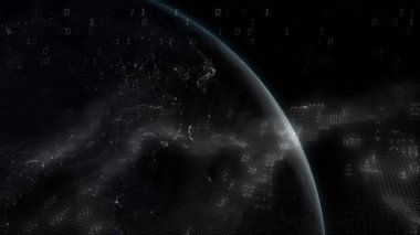 3 boyutlu küreyi döndürmek, veri ağını gösteren akıntılar yükselirken ikili haneli rakamların halka oluşturmasına neden olur. Fütürist, teknolojik, dijital, soyut, kozmik, veri, yenilik