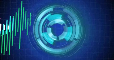 Parlayan turkuaz halkanın açılışı genişliyor, yükselen çubuklar dönüyor çizgi grafikleri görselleştiriliyor. Gelecek, veri, görselleştirme, teknoloji, arayüz, analiz, dijital