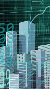 Şehirdeki finansal veri işleme animasyonu. Küresel iş, finans, hesaplama ve veri işleme kavramı dijital olarak oluşturulmuş video.