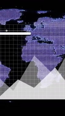 Dünya haritasında finansal veri işleme animasyonu. Küresel finans, iş, bağlantılar, hesaplama ve veri işleme kavramı dijital olarak oluşturulmuş video.