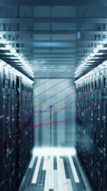 Animation of financial data processing against mosaic squares over computer server room. Global finance and business data storage technology concept