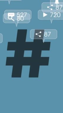 Mavi arkaplanda hashtag üzerinden sosyal medya veri işleme animasyonu. Küresel sosyal medya, dijital arayüz, bağlantılar ve dijital olarak oluşturulmuş veri işleme kavramı.