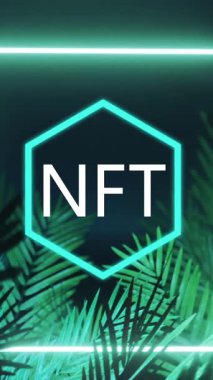 Animation of nft symbol and square in blue neon, over palm leaves on black background. Business, non fungible tokens and cryptocurrency communication, retro future concept digitally generated video.