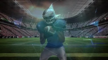 Futbol tutucusu spiral atışları takip ederken defans oyuncusu dijital küre altında topu tutuyor. Sporcu, spor, hareket, teknoloji, rekabet, dijital, eylem