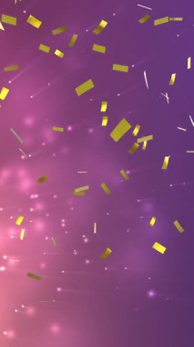 Parlayan mor arkaplandaki parçacıklarla birlikte düşen altın konfetilerinin animasyonu. kutlama, eğlence ve eğlence konsepti dijital olarak oluşturulmuş video.