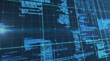 Devam eden veri akışı için şebeke yükleme ve kayan kod parçaları oluşturma arayüzü. Gelecekçi, dijital, teknoloji, veri, siber, soyut, neon