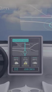 Animation of data processing and ecology icons over car. Global business and digital interface concept digitally generated video.