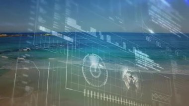 Radar küresi grafikleriyle birlikte veri görüntüsü için sanal arayüzü başlatırken şebeke zayıflıyor. Fütüristik, dijital, görselleştirme, teknoloji, okyanus, analitik, büyüleyici