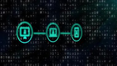 Çift haneli rakamlar, ağ tanıtımı için titreşen, senkronize eden ve ayrılan üç gök mavisi simgesini aktifleştiriyor. Teknoloji, bağlantı, dijital, ağ, siber alan, senkronizasyon, veri