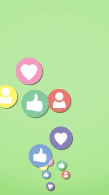 Kalbin dijital animasyonu, yeşil arka plan 4k üzerinde yukarı doğru hareket eden simgeleri beğenme ve takip edin