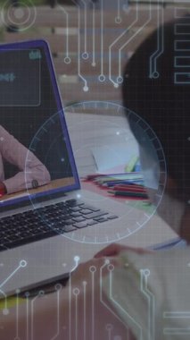 Animation of round scanner and microprocessor connections against girl having a video call on laptop. School and education technology concept