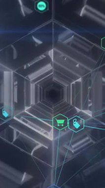 Neon tüneli üzerindeki simgelerle bağlantı ağının animasyonu. Dijital olarak oluşturulmuş küresel bağlantılar, ağlar ve veri işleme kavramı.