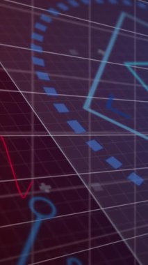 Devre kartı desenli geometrik şekillerin animasyonu ve değişen sayılı grafikler. Dijital olarak üretilmiş, hologram, illüstrasyon, rapor, büyüme, soyut ve iş konsepti.