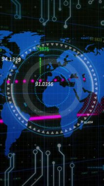 Dünya haritasında finansal veri işleme animasyonu. Küresel iş, bağlantılar, hesaplama, dijital arayüz ve dijital olarak oluşturulmuş video işleme kavramı.