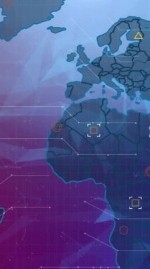 Renkli arkaplan üzerinde veri işleme ile dünya haritasının animasyonu. Dijital olarak oluşturulmuş küresel bilgisayar ve veri işleme kavramı.
