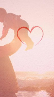 Sahilde beyaz bir ailenin üzerine düşen kalp animasyonu. moda ve yaşam tarzı konsepti dijital olarak oluşturulmuş video.