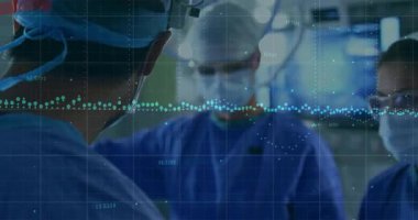 Şebeke titreşimlerine ve veri noktalarına neden olan cerrahi ekip, yükselen kırmızı ok ile far ayarlama. Tıbbi, takım çalışması, teknoloji, yenilik, sağlık, hassasiyet, işbirliği