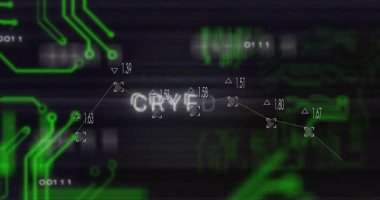 CRYPTO harfleri şifreli gösterge paneli için sinyal verileri oluştururken grafikler titreşiyor. Teknoloji, siber güvenlik, dijital, yenilik, veri, fütüristik, analitik
