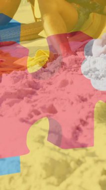 Yaz plaj partisinde mutlu arkadaşlar üzerine renkli yapboz parçaları. otizm, öğrenme güçlüğü, destek ve farkındalık kavramı dijital olarak oluşturulmuş video.