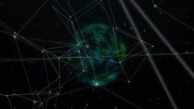 Küre görünmesi, dünya dönerek veri bağlantısını ortaya çıkarırken ağ çizgilerinin titreşimini tetikler. Gelecek, teknoloji, siber, dijital, yenilik, soyut, bağlantı