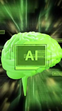 Ai metninin animasyonu, insan beyni ve dijital veri işlemesi. Dijital olarak oluşturulmuş küresel yapay zeka, bağlantılar, hesaplama ve veri işleme kavramı.