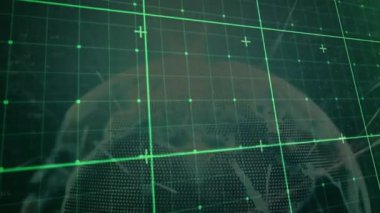 Yeşil ızgara çizgileri tarıyor, artı şeklindeki işaretler yanıp sönüyor, noktalı dünya ağ verilerini gösteriyor. Teknoloji, veri görselleştirme, dijital arayüz, ağ, fütüristik, analitik, siber güvenlik