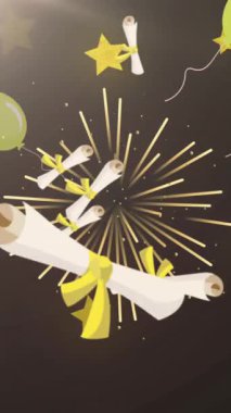 Mezuniyet harfi simgelerinin yıldızların üzerinde canlandırılması ve siyah arka planda havai fişekler. eğitim, öğrenme ve geliştirme konsepti dijital olarak oluşturulmuş video.