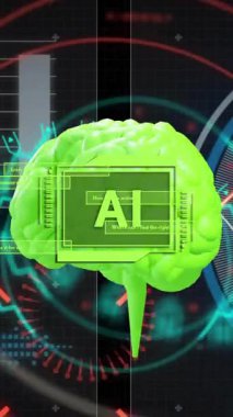 Veri işleme ve beyin üzerinde ai metni ile hareket eden şekillerin animasyonu. Küresel teknoloji ve dijital arayüz konsepti dijital olarak oluşturulmuş video.