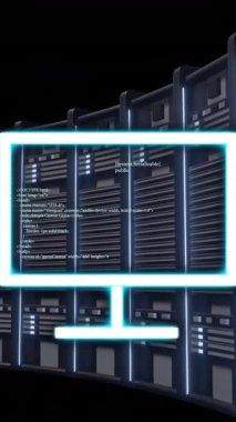 Veri merkezindeki sunucu raflarının üzerinde kod animasyonu olan bilgisayar monitörü. Teknoloji, kodlama, programlama, sunucular, ağ, siber güvenlik