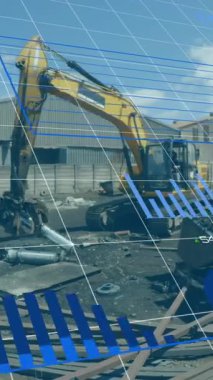 Şebeke ve çöp sahasında finansal veri işleme animasyonu. Küresel teknoloji, finans ve dijital arayüz kavramı dijital olarak oluşturulmuş video.