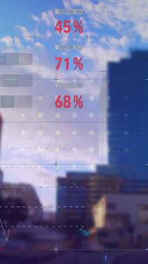 Finansal veri işleme animasyonu ve arka planda şehir manzarası üzerine istatistik kaydı. Küresel finans iş ekonomisi konsepti dijital olarak oluşturulmuş görüntü.