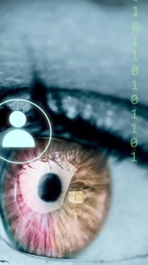 İnsan gözü animasyonu, bağlantılar ve veri işleme. Dijital arayüz, bulut hesaplama ve veri işleme kavramı dijital olarak oluşturuldu.