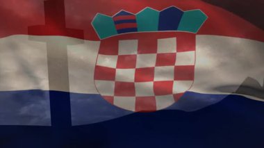 Rüzgarla dalgalanan bayrak kaldırma, dalgalanan dalgalar ve kabarık kalkan, rüzgarla çalışan kumaş hareketini görselleştirme. Vatanseverlik, tekstil, hareket, kumaş, dinamik, açık hava, sembolizm