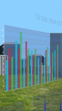 Animation of financial data processing over cityscape. Global business, finances, computing and data processing concept digitally generated video.