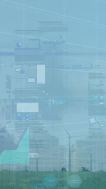 Yüksek binalarla çayırlarda dönen yel değirmenlerinin istatistiksel veri işleme sistemi. Yenilenebilir enerji ve iş teknolojisi kavramı