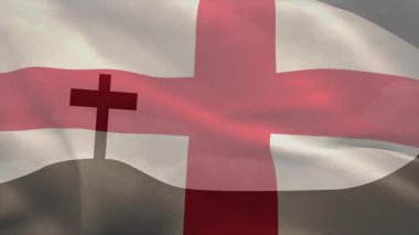 Bayrak kumaşı ekran dışı esintiye tepki veriyor, kaldırıyor ve sallanıyor, rüzgar titreşimini 3 boyutlu olarak gösteriyor. Dinamik, hareket, kumaş, mimari, minimalizm, sembolizm, animasyon