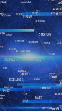 Küresel iş konsepti metinlerinin animasyonu ve mavi arka planda ışık noktası. Küresel ağ ve iş teknolojisi kavramı