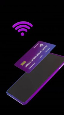 Akıllı telefon ve kredi kartı animasyonu. Siyah arka planda veri var. Küresel çevrimiçi bankacılık, alışveriş, iş, bağlantılar, bilgisayar ve veri işleme kavramı dijital olarak oluşturulmuş video.