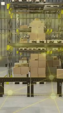 Konveyör bandı ve raflardaki kutuların üzerinde depo otomasyon animasyonu. lojistik, makine, robotik, teknoloji, verimlilik, endüstriyel
