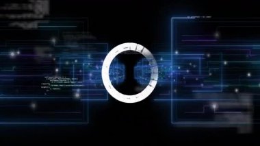 Siyah çerçeve açılıyor, neon-mavi çerçeveler ortaya çıkıyor, içe doğru kayıyor, halka kapatılıyor. Teknoloji, siber güvenlik, dijital, yenilik, fütürizm, soyut, bağlantı