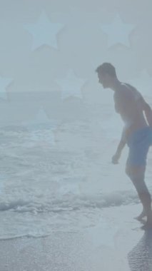 Kafkasyalı çiftin sahilde eğlenmesi üzerine yıldızların animasyonu. Romantik aşk, ilişki ve birliktelik kavramı dijital olarak oluşturulmuş video.