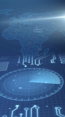 Animation of computing data processing over world map and circuit board. Global science, business, finance, computing and data processing concept digitally generated video.