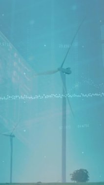 Mavi gökyüzüne karşı dönen yel değirmenlerinin üzerindeki veri işleme arayüzünün animasyonu. Yenilenebilir enerji ve iş teknolojisi kavramı