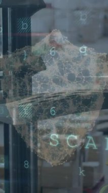 Depoda çalışan farklı insanlar üzerinde asma kilit ve veri işleme animasyonu. Küresel sevkiyat, ticaret, finans, bilgisayar ve veri işleme kavramı dijital olarak oluşturuldu.