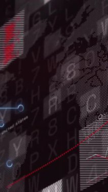 Soyut kırmızı ve siyah animasyon arkaplanındaki dijital veri ve grafikler örtüşüyor. Teknoloji, fütüristik, yenilik, modern, analitik, bilgi