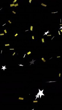 Siyah arka planda konfeti düşen altın ve beyaz yıldızlar. Kutlama, şenlik, parti, pırıltı, pırıltı, neşe
