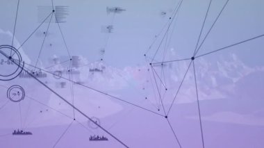 Mor gradyan düğümlerde sahne açılışı. Ağ büyümesi için simgeleri genişleten solgunluk çizgileri. Fütürist, dijital, soyut, bağlantı, teknoloji, görselleştirme, yenilik